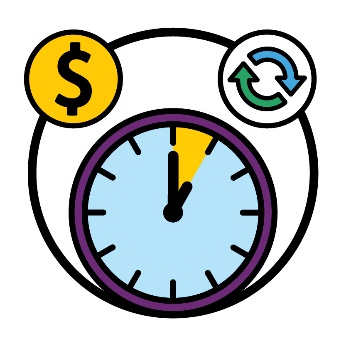 A clock with one hour highlighted. Above the clock is a dollar symbol and a change icon.