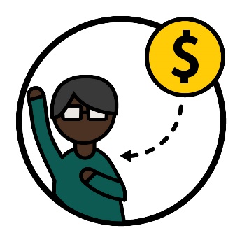 An arrow pointing from a dollar symbol to a person with their hand raised.
