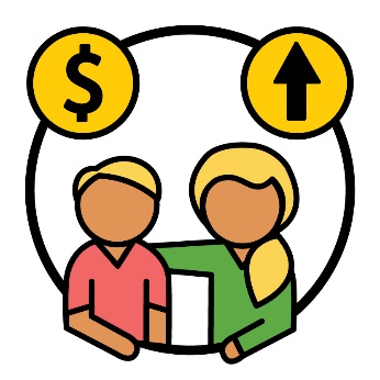 A person supporting their family member. Above them is a dollar symbol and an arrow pointing up.