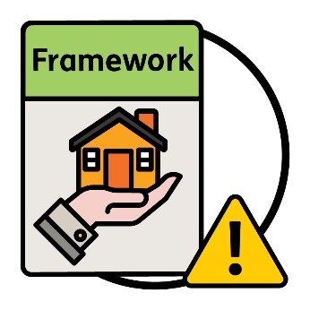 A 'Framework' document with a home and living supports icon. Next to the document is a problem icon.
