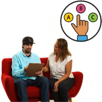Two people sitting on a couch, one is holding an electronic devise. On the top there is a selection for choices A, B or C