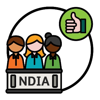 Three people behind an NDIA banner. A thumbs up hand is in the top right hand side