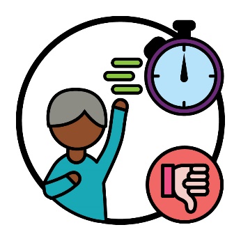 A person standing with their hand up. A stopwatch and a thumbs down symbol are present