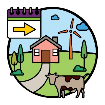 A house with a windmill and a cow and a calendar with a yellow arrow