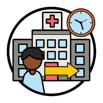 A person standing in front of a hospital with a clock in the top right hand side