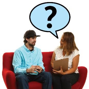 A person asking questions to another, sitting on a couch. A question mark is above the woman.