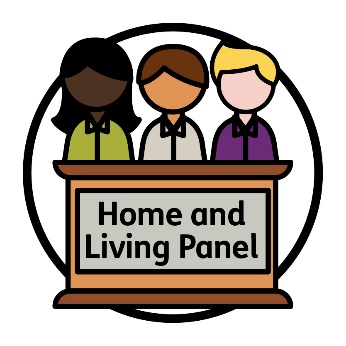a group of people behind a Home nad Living Panel banner