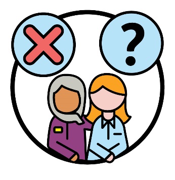 Two people standing with their arms around each other in front of a cross and a question mark.