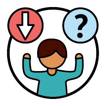 A person with their hands up. A downward arrow and a question mark are present