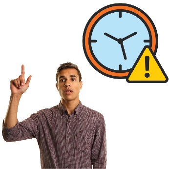 A man with his hand up. A clock face with an exclamation mark are in the top right hand side