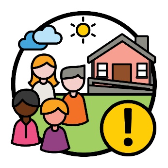 A group of people in front of a house. An exclamation mark is in the foreground