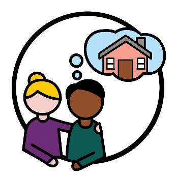 Two people with their arms around each other with a thought bubble containing a house