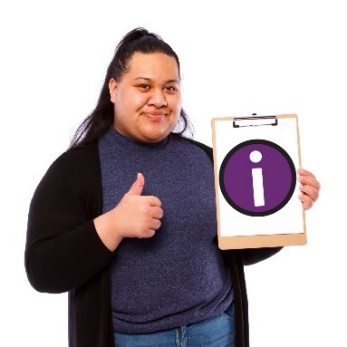 A woman holding a clipboard with her thumb up. There is an information icon on the clipboard.