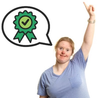 A woman with her arm up. A green rosette with a tick is in a speech bubble