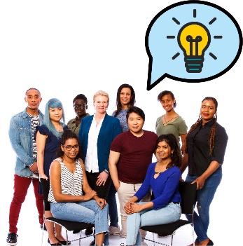 A group of people with a speech bubble containing a light bulb