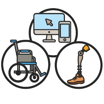 Three types of assistive technology, A wheelchair, an artificial leg and a screen and mobile phone