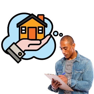 A guardian writing in a document. Above the guardian's head is a thought bubble showing a home and living supports icon.