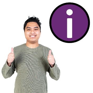 An information icon and person smiling and giving 2 thumbs up.