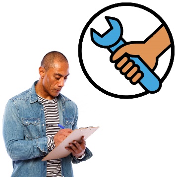 A person writing in a document and a hand holding a tool next to them.