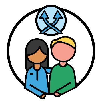A worker supporting a person. Above them is a flexible icon.