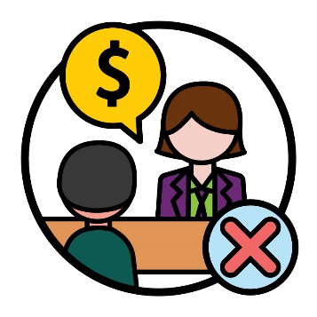 A participant having a conversation with an NDIA worker with a cross next to them. Above the NDIA worker is a speech bubble showing a dollar sign.