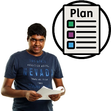 A plan document and a participant reading a document. The participant is smiling.