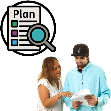 A plan document, a magnifying glass and someone helping a participant read a document.