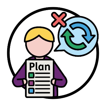 A participant holding a plan document. Above them is a speech bubble showing a change icon with a cross.