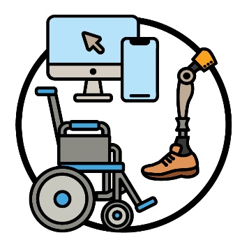 A computer, a phone, a wheelchair and a prosthetic leg.