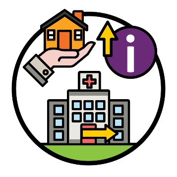 An information icon with an arrow pointing up next to a home and living supports icon and a hospital. There is an arrow coming out of the hospital's door.