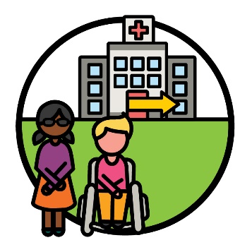 2 young people in front of a hospital. There is an arrow coming out of the hospital's door.