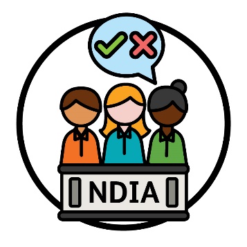 3 people behind a bench that says 'NDIA'. There is a speech bubble above them showing a tick and a cross.