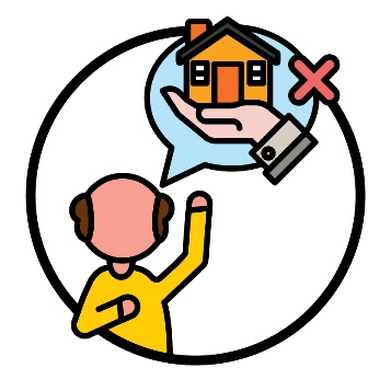 A participant raising their hand with a speech bubble above them. Inside the speech bubble is a home and living supports icon with a cross next to it.