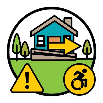 An SDA house with an arrow going out the door. Next to the house is a disability icon and a problem icon.