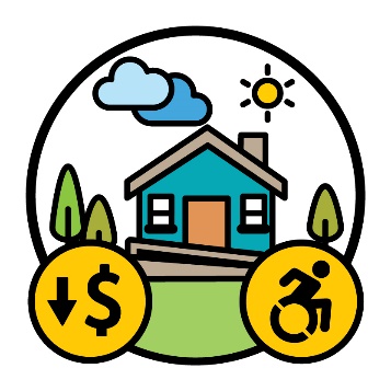 An SDA house. Next to it is a disability icon and a dollar symbol with a down arrow.