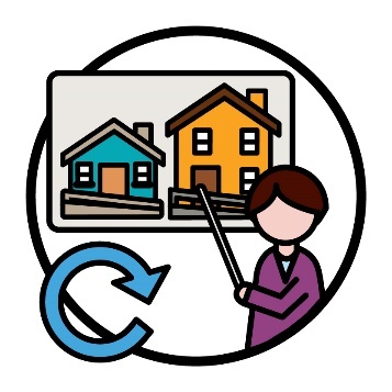 An update icon and an NDIA worker pointing to a small house and a large house.