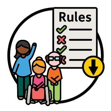 A group of participants and a rules document with an arrow pointing down.