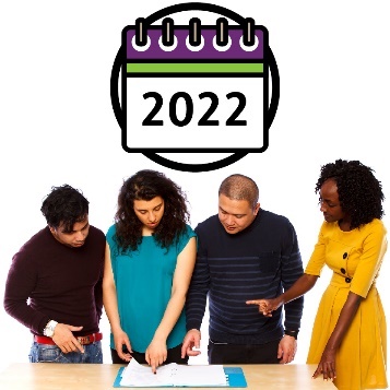 A group of people pointing to a document. Above them is a calendar that says '2022'.