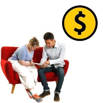 Someone supporting a participant to read a document and a dollar sign.
