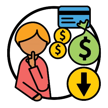 A person thinking next to a credit card, 2 dollar symbols and a bag of money and an arrow pointing down.
