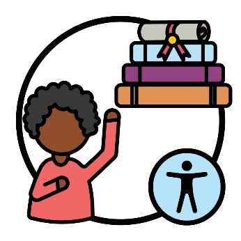 A person pointing at themselves and raising their hand, a stack of a books and an accessibility icon.