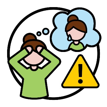 A person with their hands on their head next to an emergency icon. Above them is a thought bubble showing the person crying.