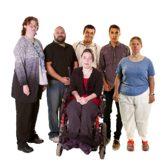 A group of people next to each other. One person is in a wheelchair.