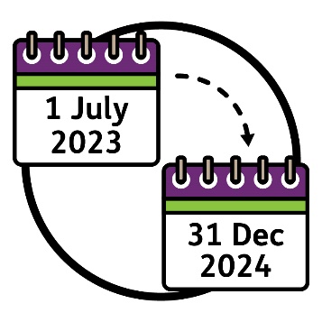An arrow pointing from a calendar that says '1 July 2023' to another calendar that says '31 December 2024'.