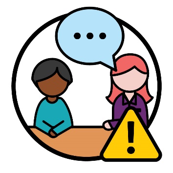 An NDIS planner and a participant having a conversation and a problem icon.