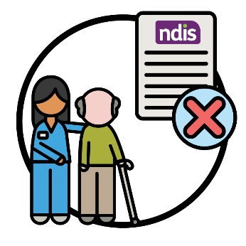 An aged care worker supporting an older person beneath an NDIS plan and a cross.
