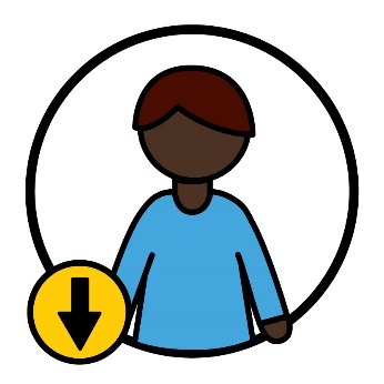 An occupational therapist and an arrow pointing down.