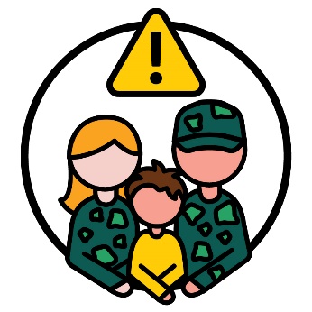 2 parents wearing camouflage and their child beneath a problem icon.