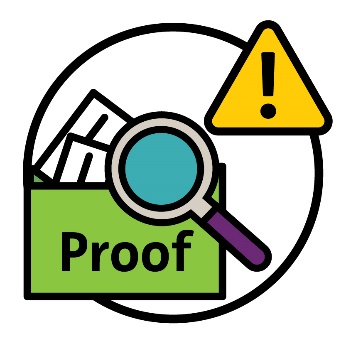A magnifying glass and a folder of documents that says 'proof' beneath a problem icon.