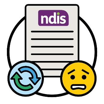 An NDIS plan, a change icon and a worried face.